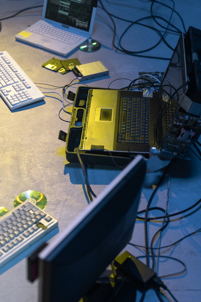 Cyberpunk-themed setup with laptops, keyboards, wires, and retro tech items in a dim room.